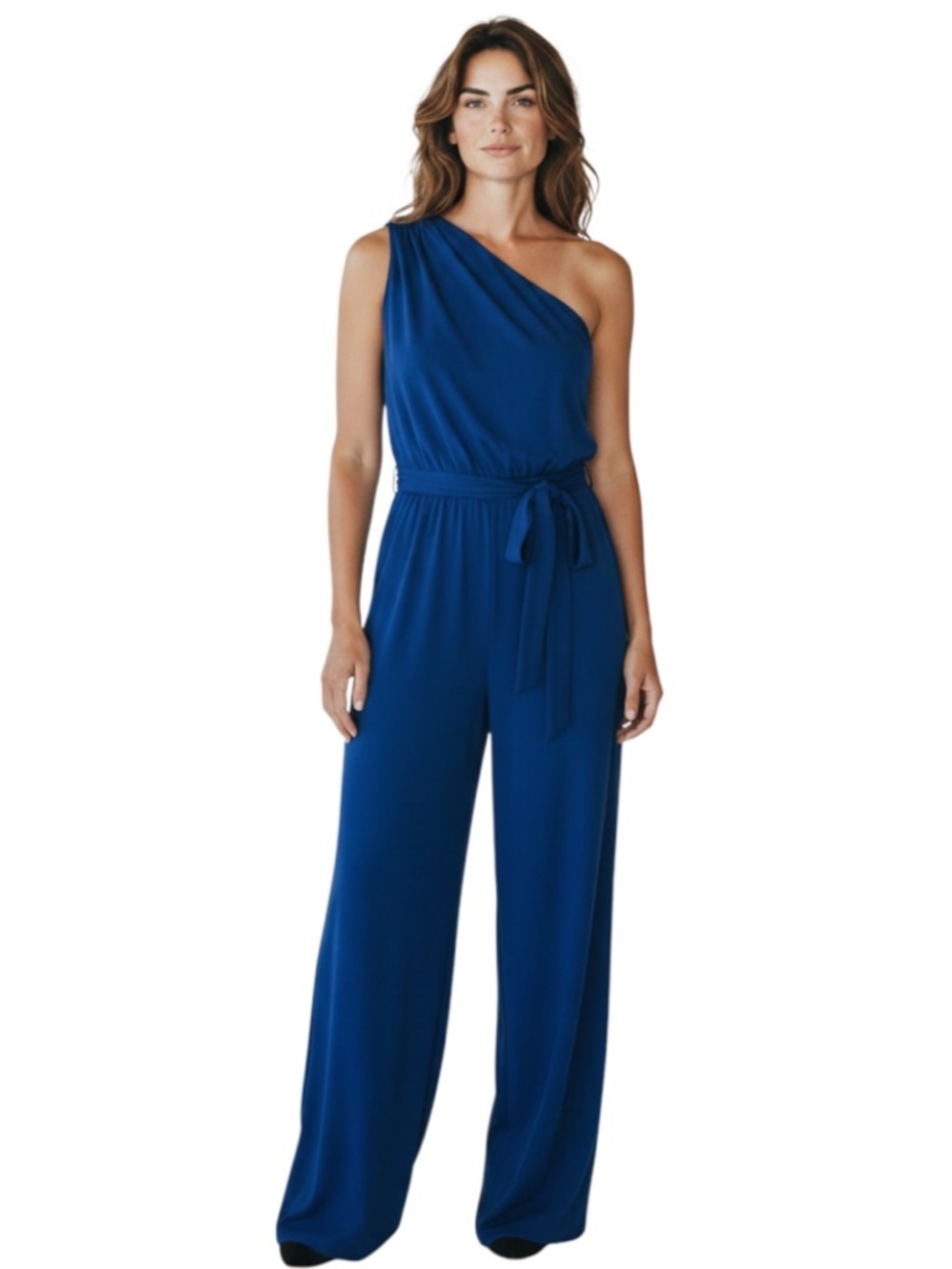 On Line Size Medium Blue Jumpsuit  One Shoulder Tie Detail Tie Belt